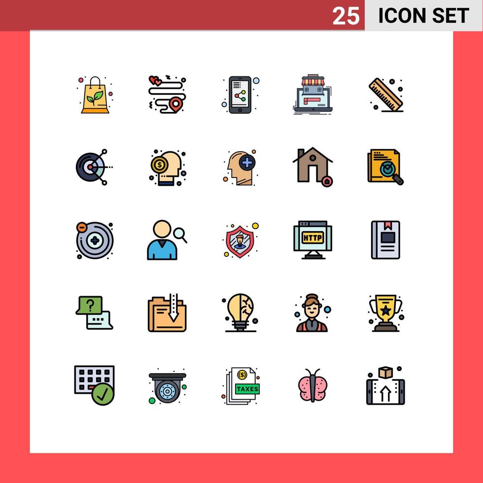 groep van 25 gevulde lijn vlak kleuren tekens en symbolen voor computer heerser delen mobiel meten gegevens bewerkbare vector ontwerp elementen