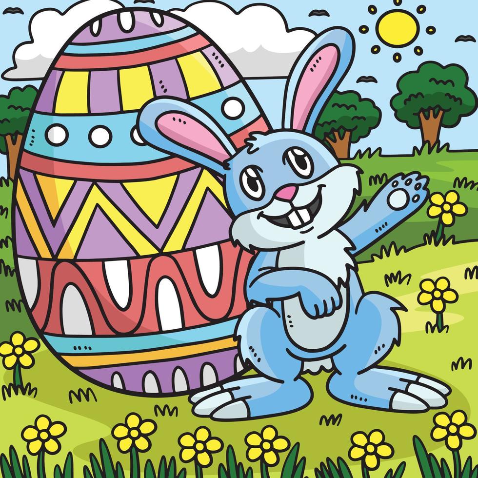 konijn met groot Pasen ei gekleurde tekenfilm vector