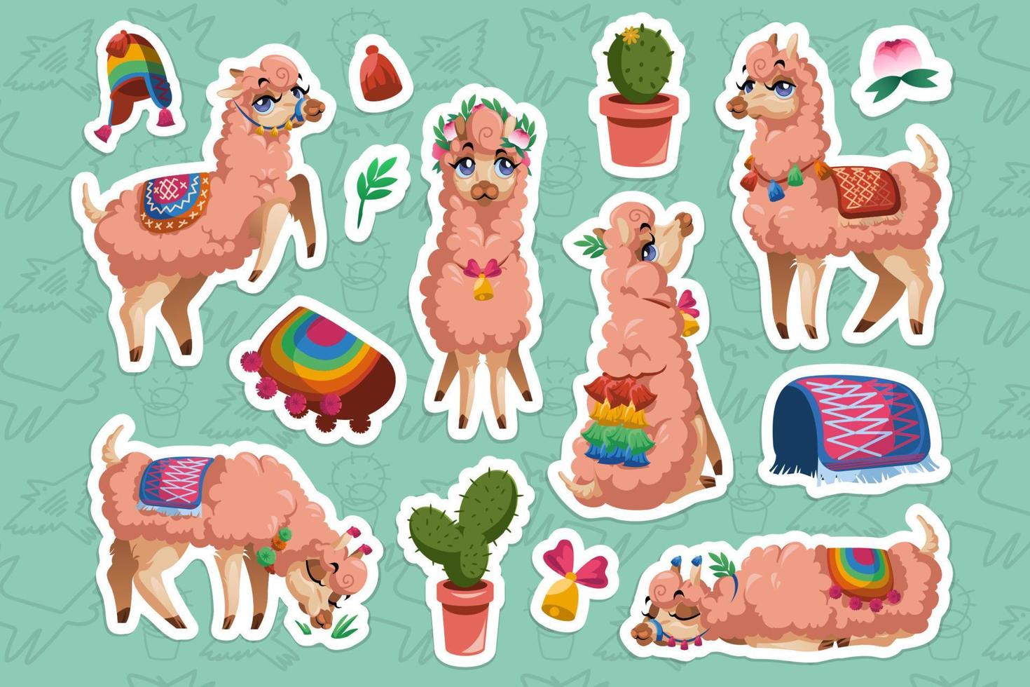 reeks van stickers met lama, Peru alpaca dier vector