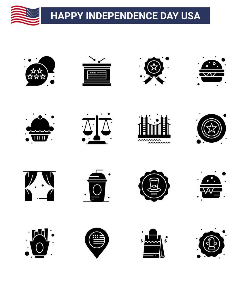 Verenigde Staten van Amerika gelukkig onafhankelijkheid dagpictogram reeks van 16 gemakkelijk solide glyphs van muffin taart insigne maaltijd hamburger bewerkbare Verenigde Staten van Amerika dag vector ontwerp elementen