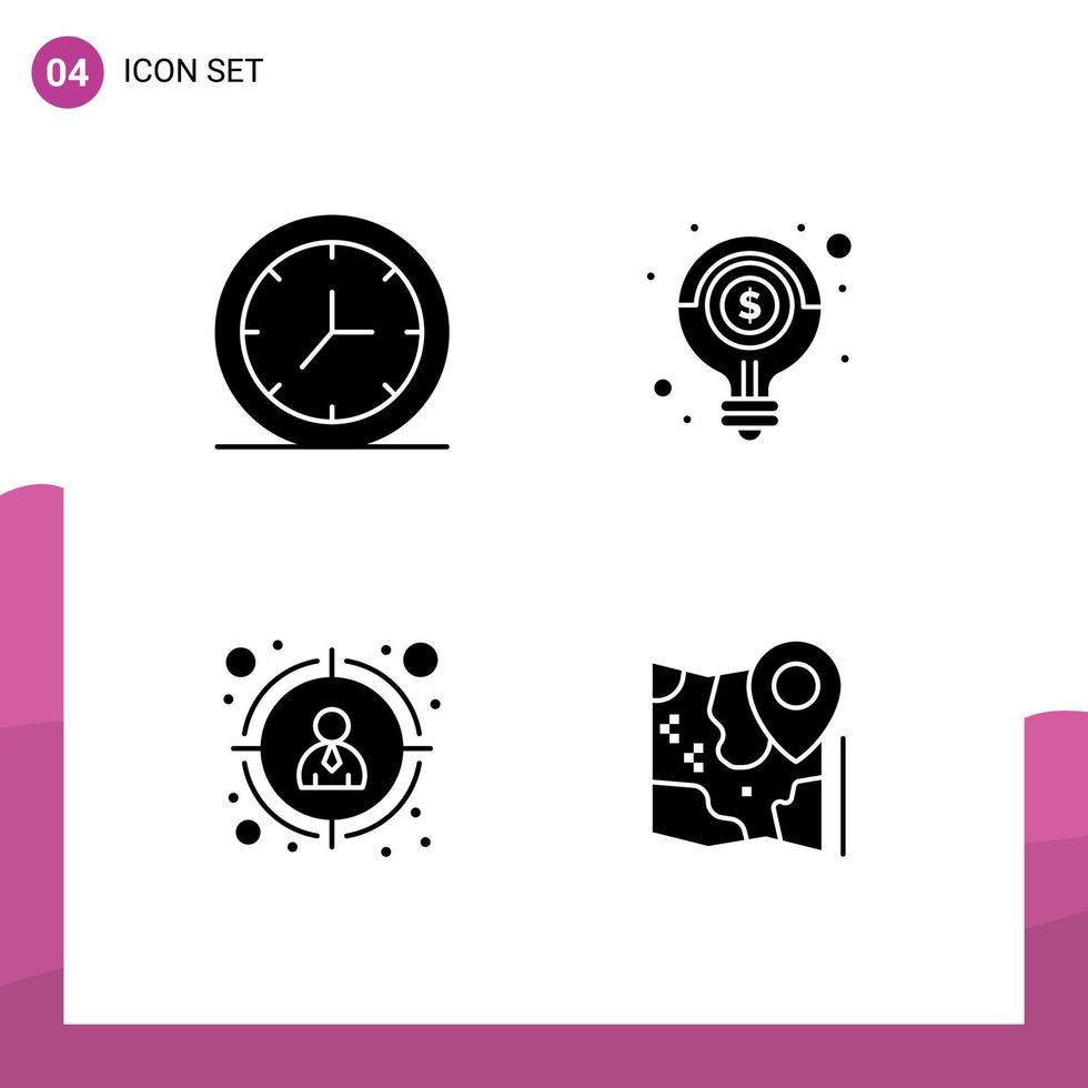 mobiel koppel solide glyph reeks van 4 pictogrammen van klok doelwit idee geld kaart bewerkbare vector ontwerp elementen
