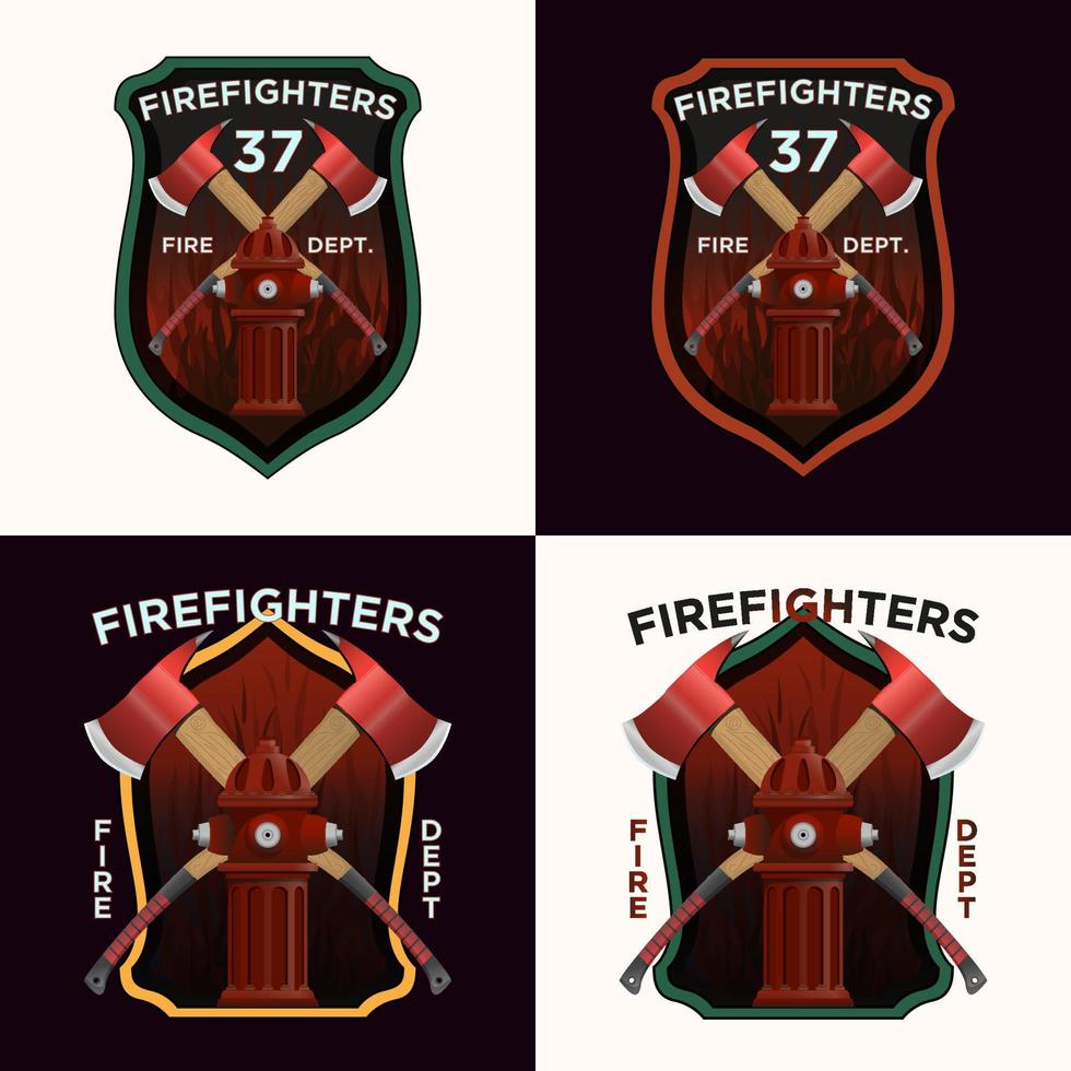 brandweerman insigne reeks in realistisch stijl. brandweerman assen en hydrant Aan schild insigne. kleurrijk vector illustratie Aan een wit achtergrond.
