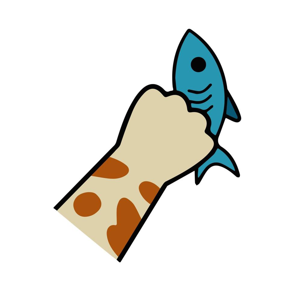 kattenpoot houdt vis vast. goede voeding en diervoeding. katje met speelgoed. schets cartoon afbeelding vector