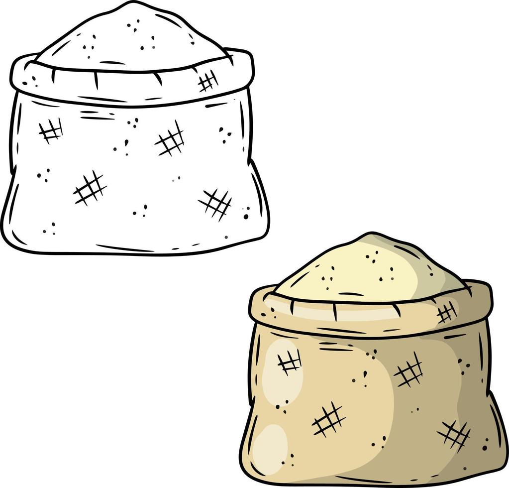 canvas jute tas. cartoon vlakke afbeelding. rustiek element voor molen. verpakking voor opslag van graan en meel. stapel tarwe vector
