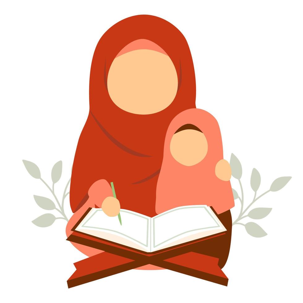 een moeder in een hijab geeft les haar dochter naar lezen de heilig koran vector