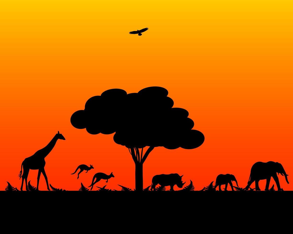 Afrika olifant dieren in het wild kangoeroe giraffe neushoorn avond tijd vector