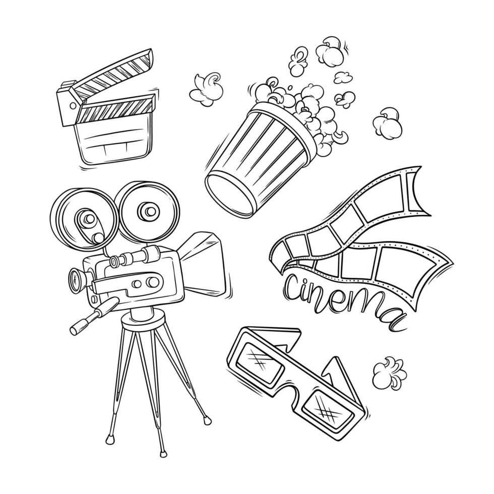 bioscoop film, camera, popcorn en andere voorwerpen. bioscoop reeks in tekening stijl. vector illustratie