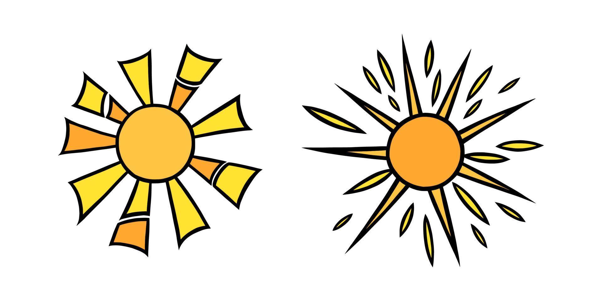 hand getekend geel zonnen set. kleurrijk schijnend zonnen met balken in tekening stijl. zwart en wit vector illustratie