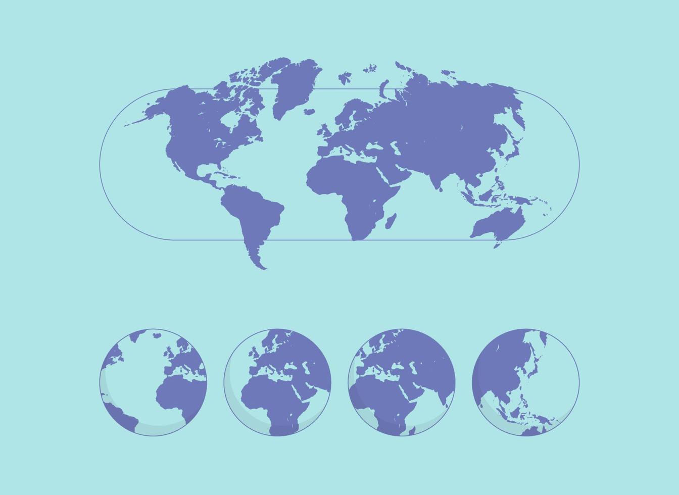wereld kaart en aarde wereldbol in verschillend posities, bedrijf presentatie, reis, toerisme, onderwijs concept vlak vector illustratie.