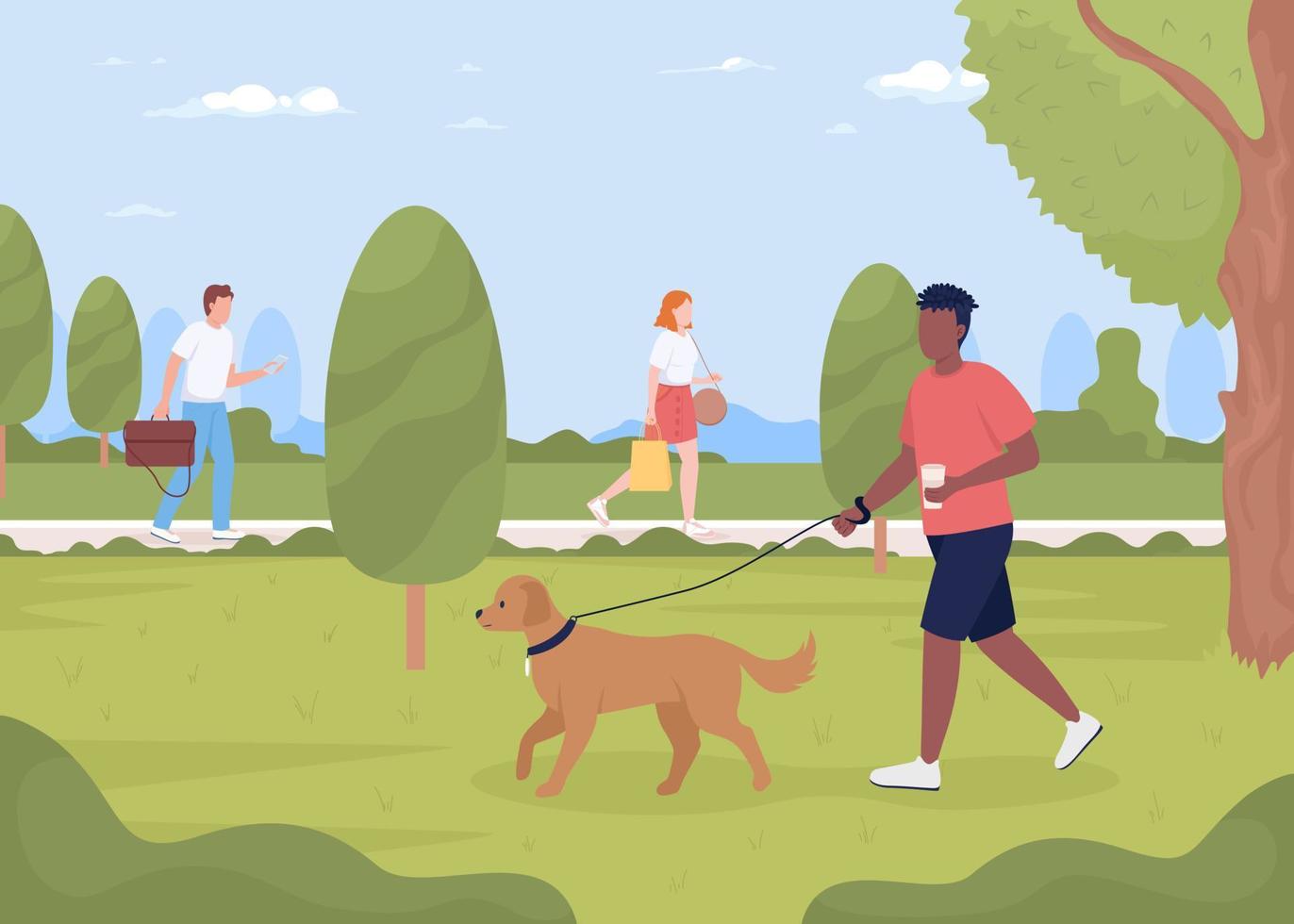 Mens wandelen hond in zomer park vlak kleur vector illustratie. mensen in openbaar plaats. uitgeven tijd in stad tuin. ten volle bewerkbare 2d gemakkelijk tekenfilm tekens met landschap Aan achtergrond