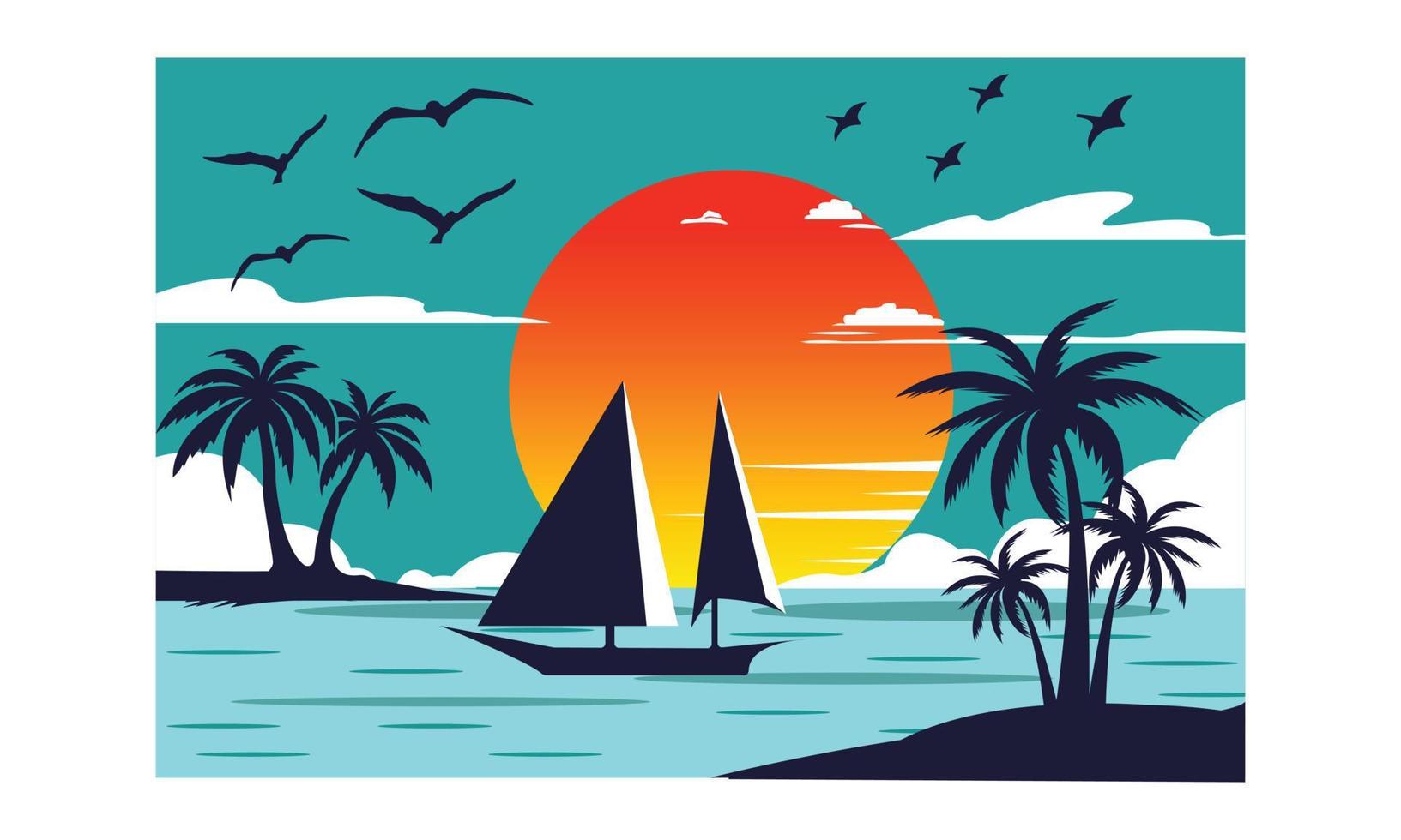 eiland natuurlijk zomer zonsondergang vector en illustraties ontwerp. achtergrond met digitaal illustratie van de natuurlijk landschap creatief kinderen, en zomer thema vector illustratie.