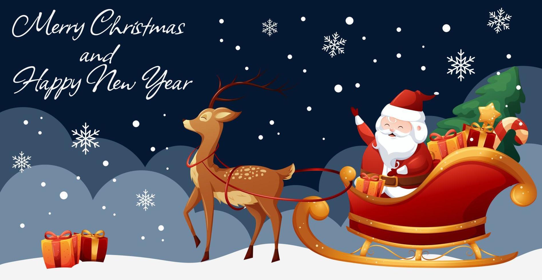 vakantie kaart, brief van vrolijk Kerstmis en nieuw jaar met tekenfilm de kerstman claus in slee en rendier vector