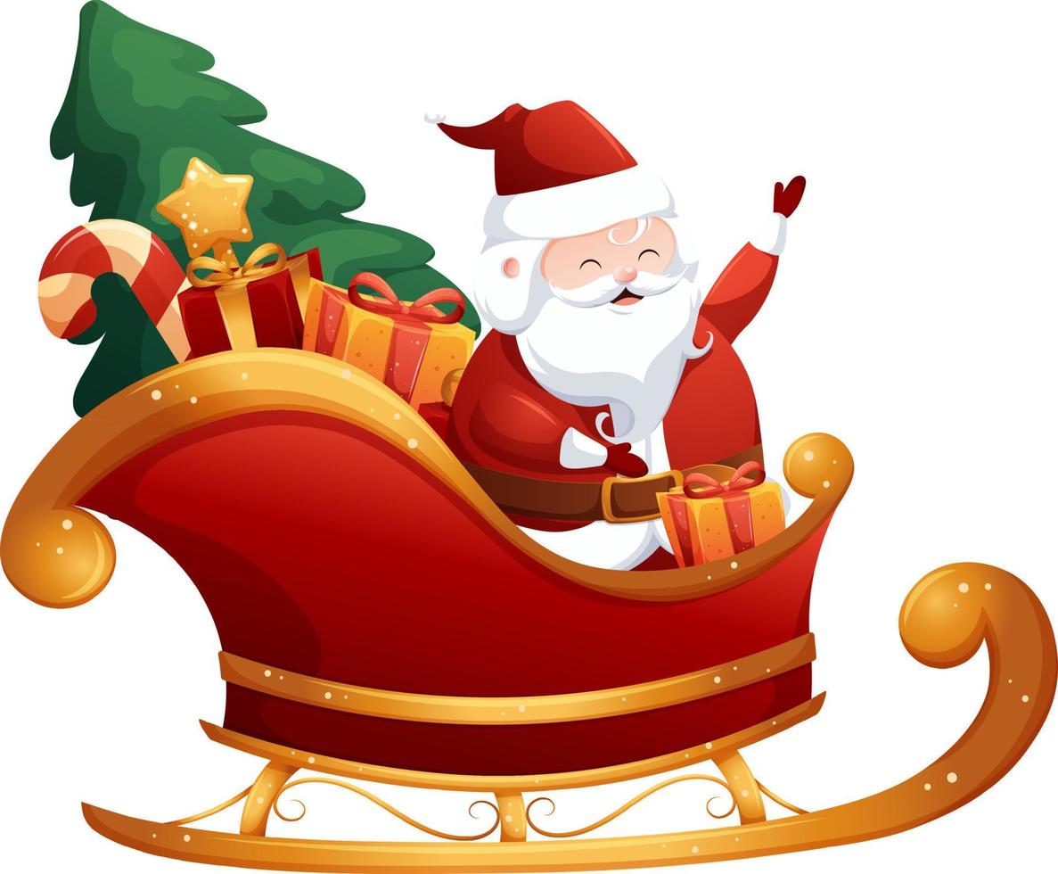 tekenfilm slee met lachend de kerstman claus, cadeaus en Kerstmis boom Aan transparant achtergrond vector