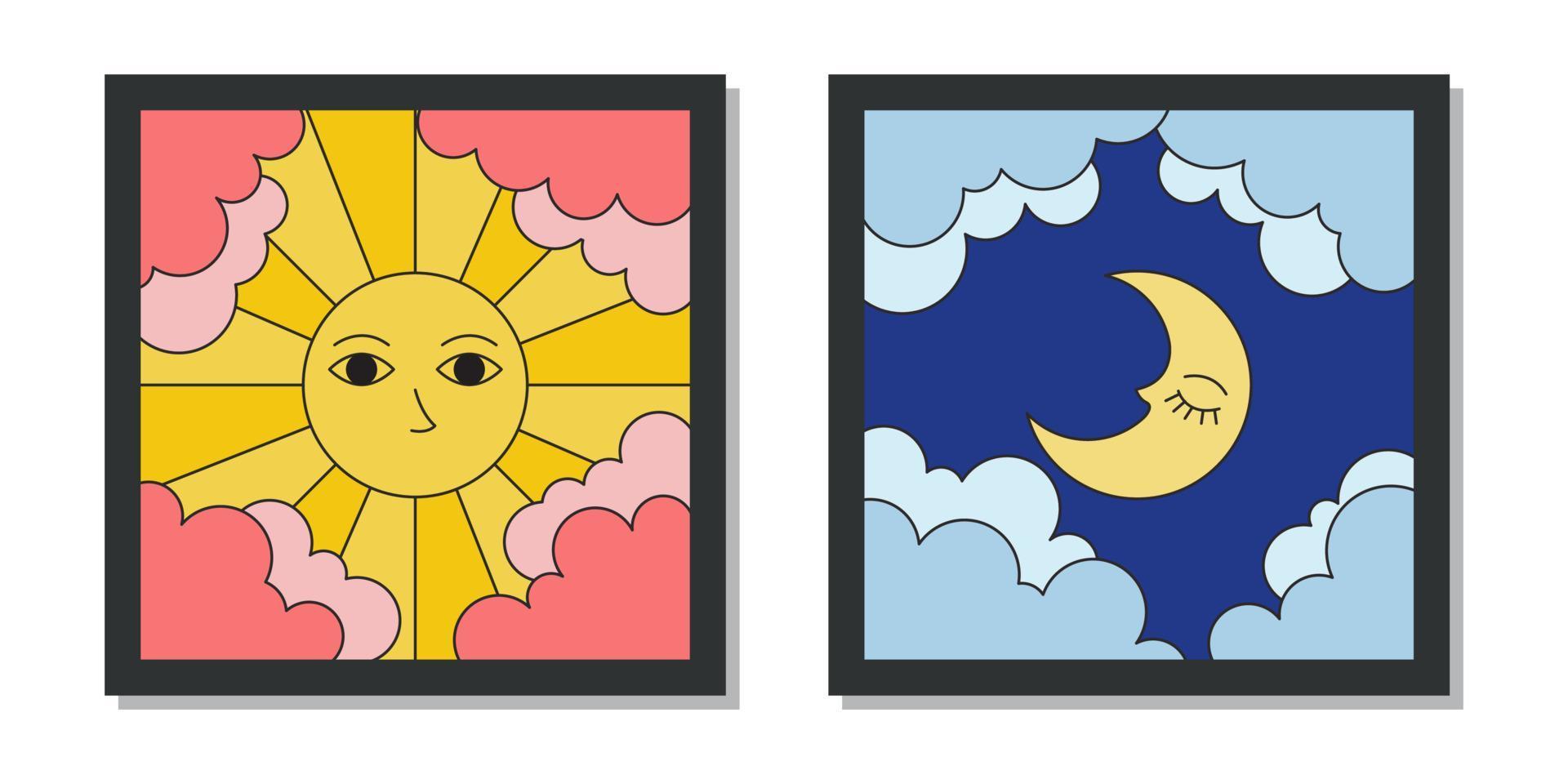 reeks van minimaal muur kunst zon maan met zwart schets geïsoleerd Aan wit achtergrond vector