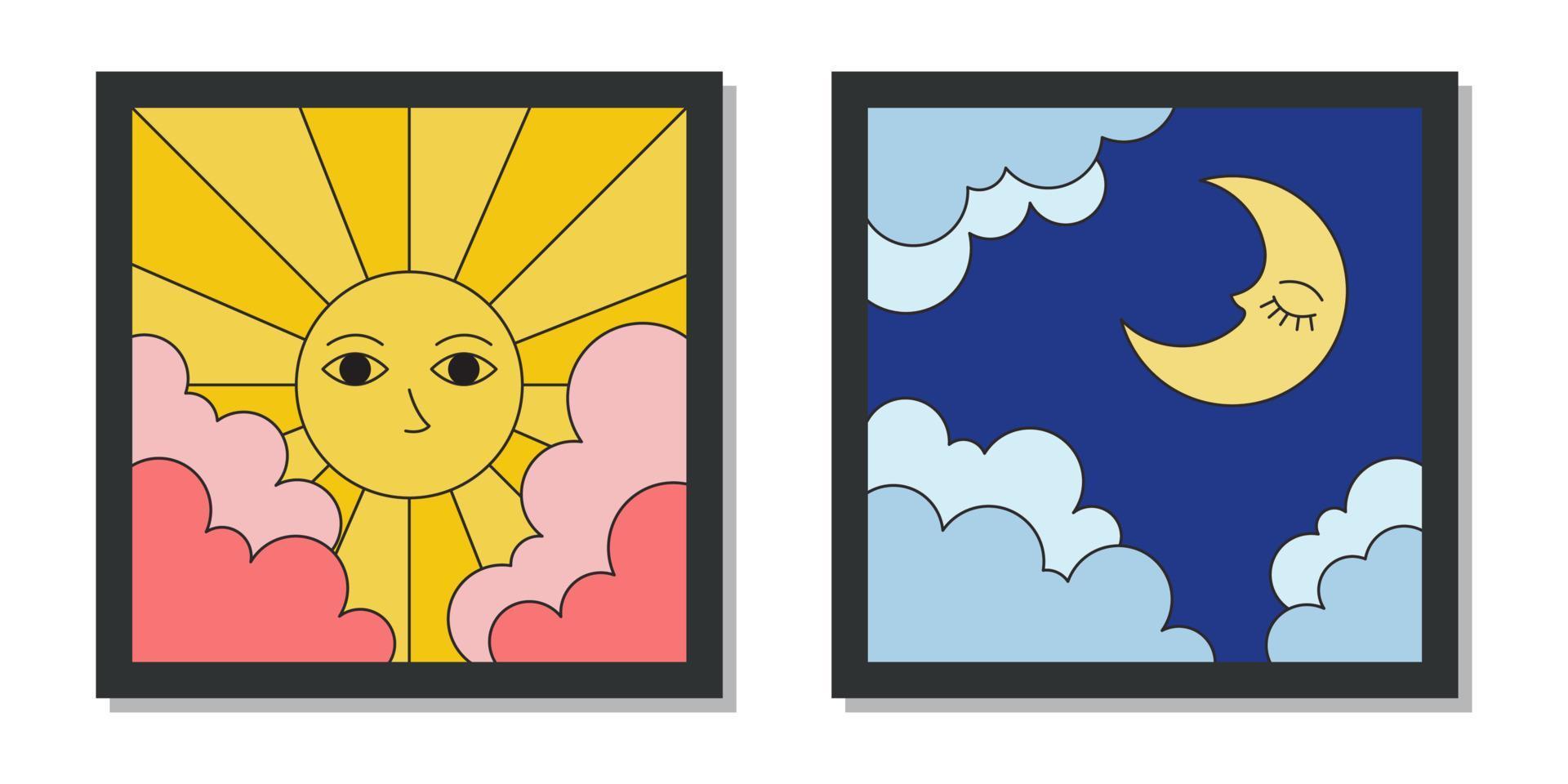 reeks van minimaal muur kunst zon maan met zwart schets geïsoleerd Aan wit achtergrond vector