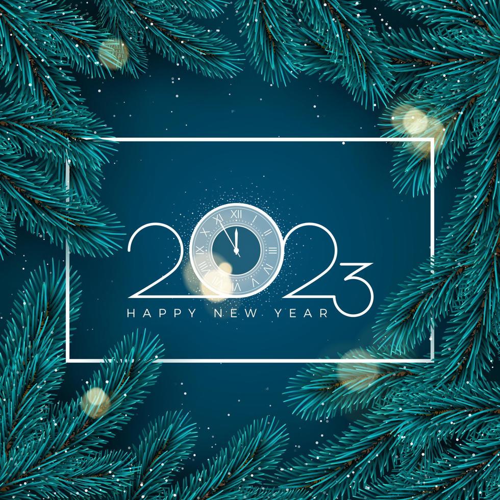 gelukkig nieuw 2023 jaar. vakantie achtergrond met wit kader en Spar boom takken en lichten. vector illustratie