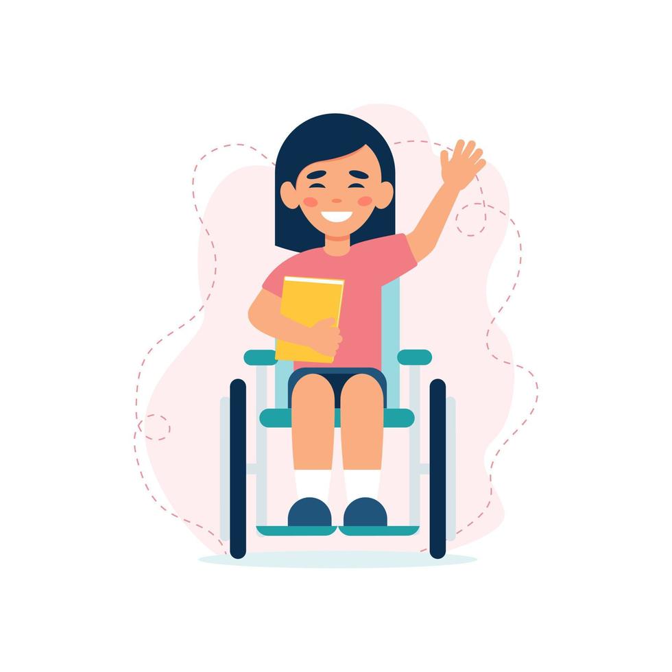 schattig glimlachen meisje in rolstoel. kind met handicaps. concept van opleiding, opleiding en sociaal aanpassing van mensen met handicaps. Gelijk mogelijkheden. inclusiviteit. vector illustratie