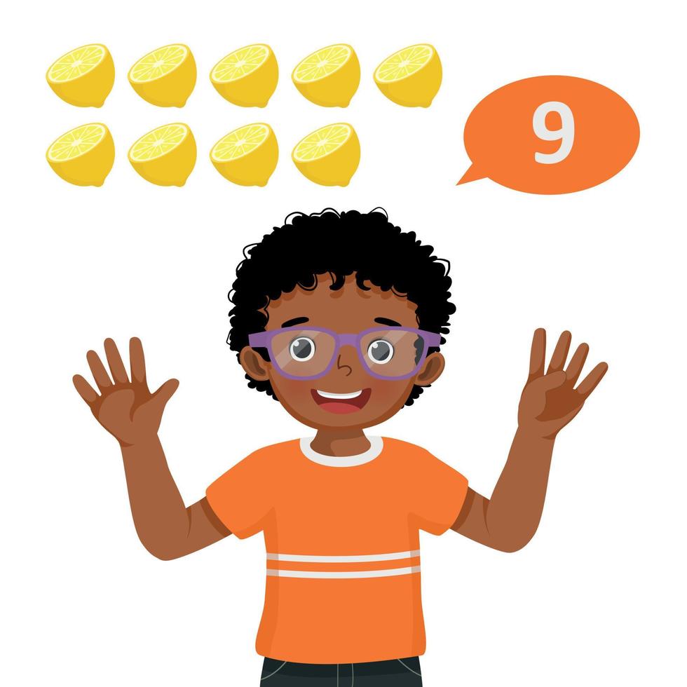 schattig weinig Afrikaanse jongen tellen met vinger tonen aantal negen met hand- gebaar vector