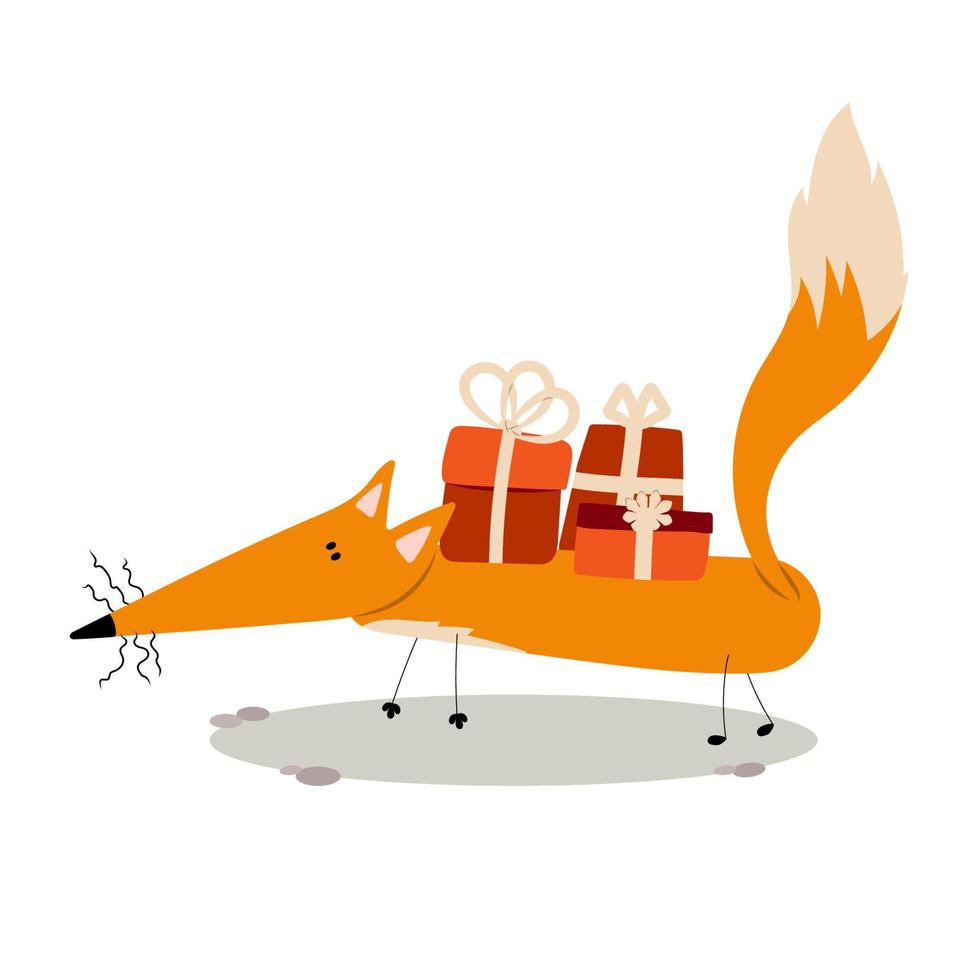 feestelijk verjaardag, kerstmis, nieuw jaar aanbiddelijk vos met geschenk doos. schattig tekenfilm klem kunst. vector illustratie