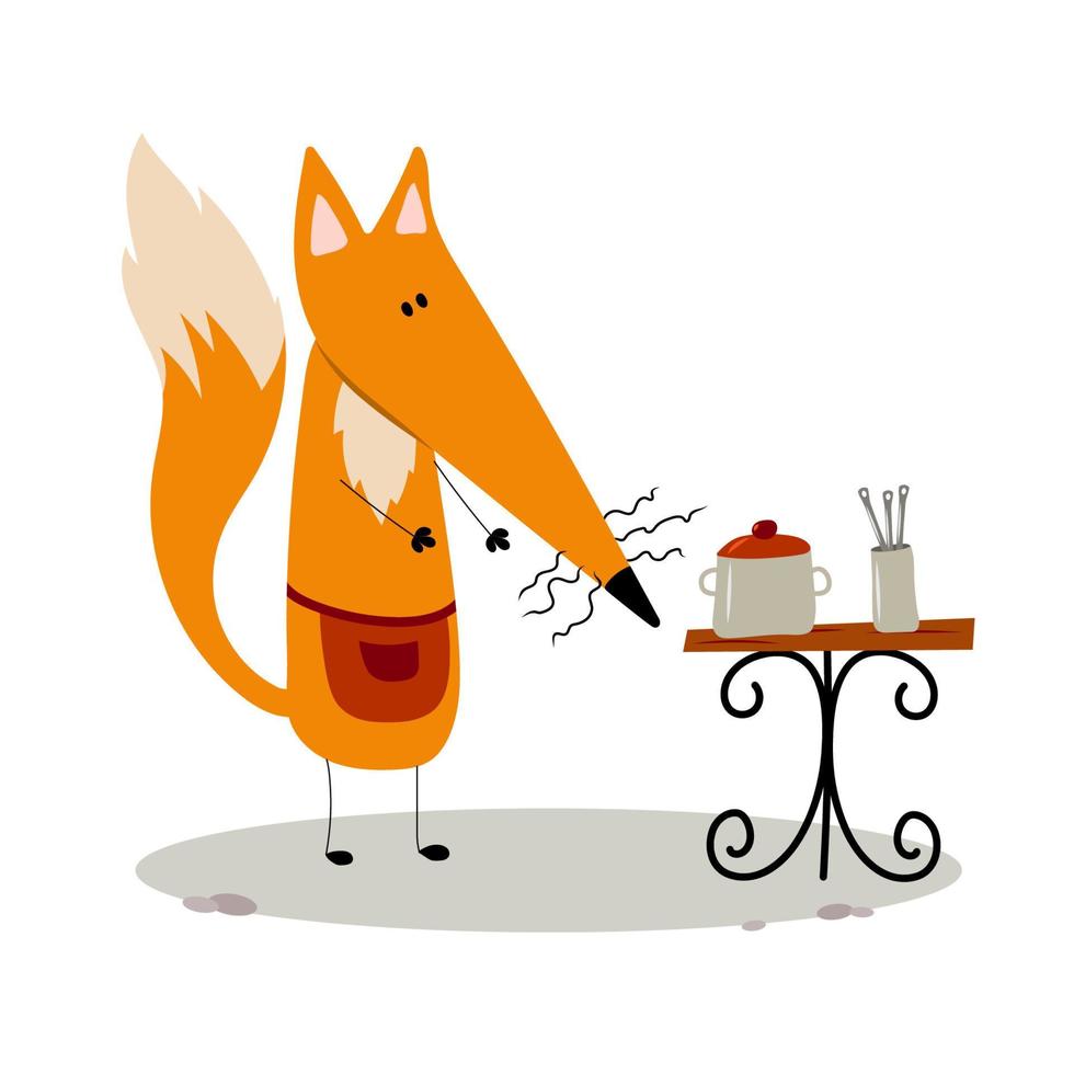 aanbiddelijk vos in een schort met tafel en serviesgoed Aan wit. schattig tekenfilm klem kunst van kookt in cafe of restaurant vector