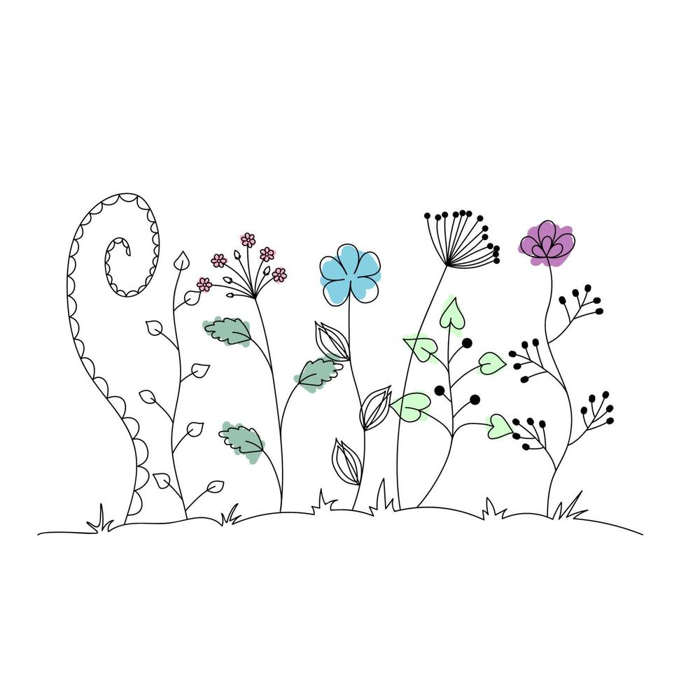 silhouetten van gemakkelijk wilde bloemen zijn getrokken Aan een wit achtergrond. logo ontwerp, merk boek, folder vector