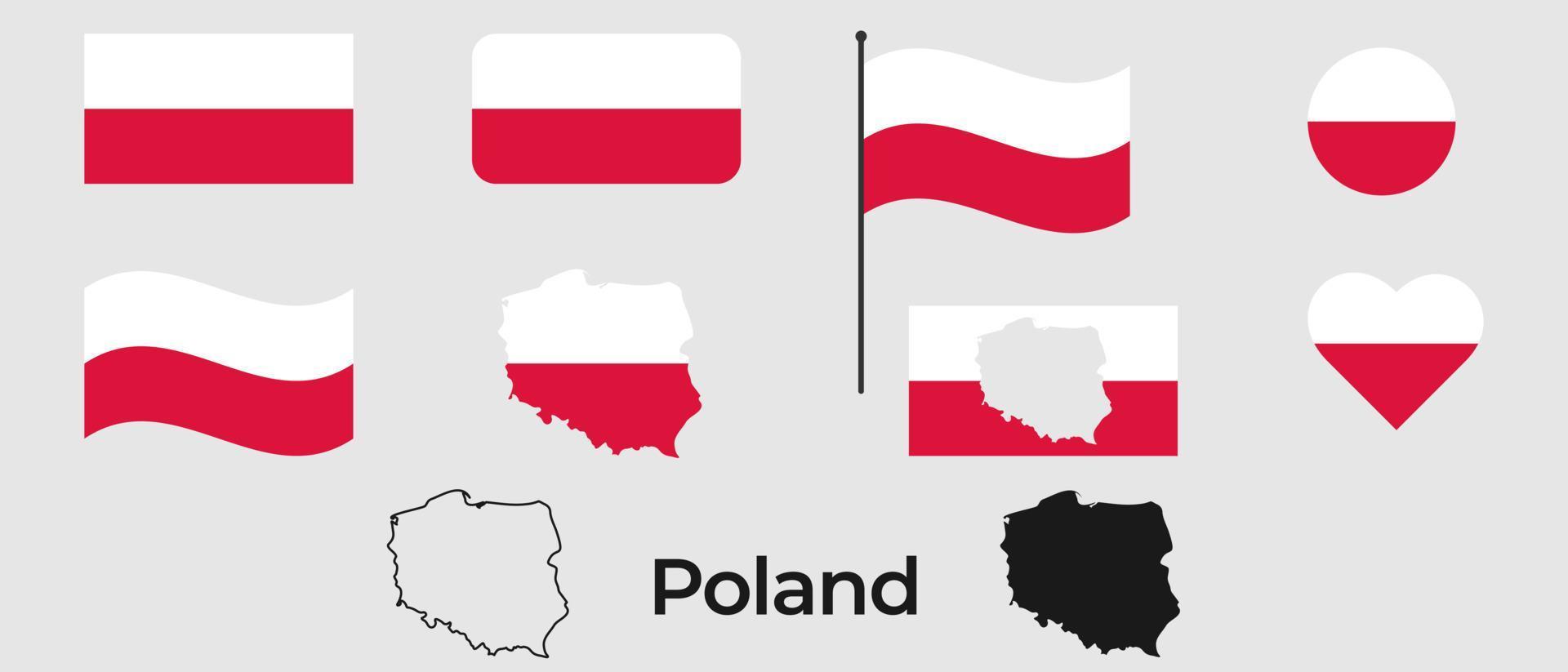 vlag van Polen. silhouet van Polen. nationaal symbool. vierkant, ronde en hart vorm geven aan. de symbool van de Polen vlag. vector