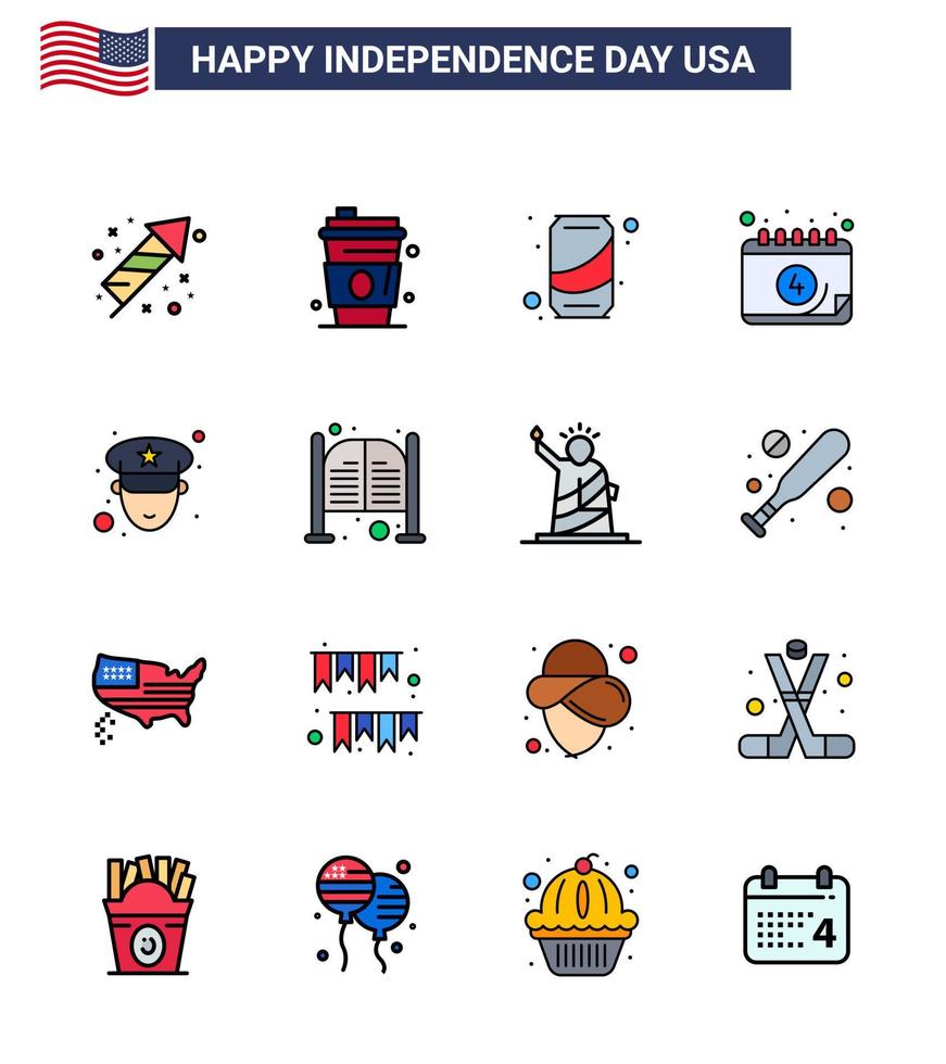 gelukkig onafhankelijkheid dag 4e juli reeks van 16 vlak gevulde lijnen Amerikaans pictogram van officier dag bier datum Amerikaans bewerkbare Verenigde Staten van Amerika dag vector ontwerp elementen