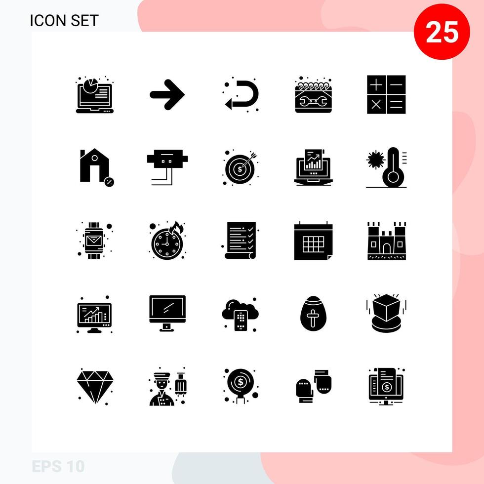 modern reeks van 25 solide glyphs pictogram van rekenmachine reparatie pijl onderhoud kalender bewerkbare vector ontwerp elementen