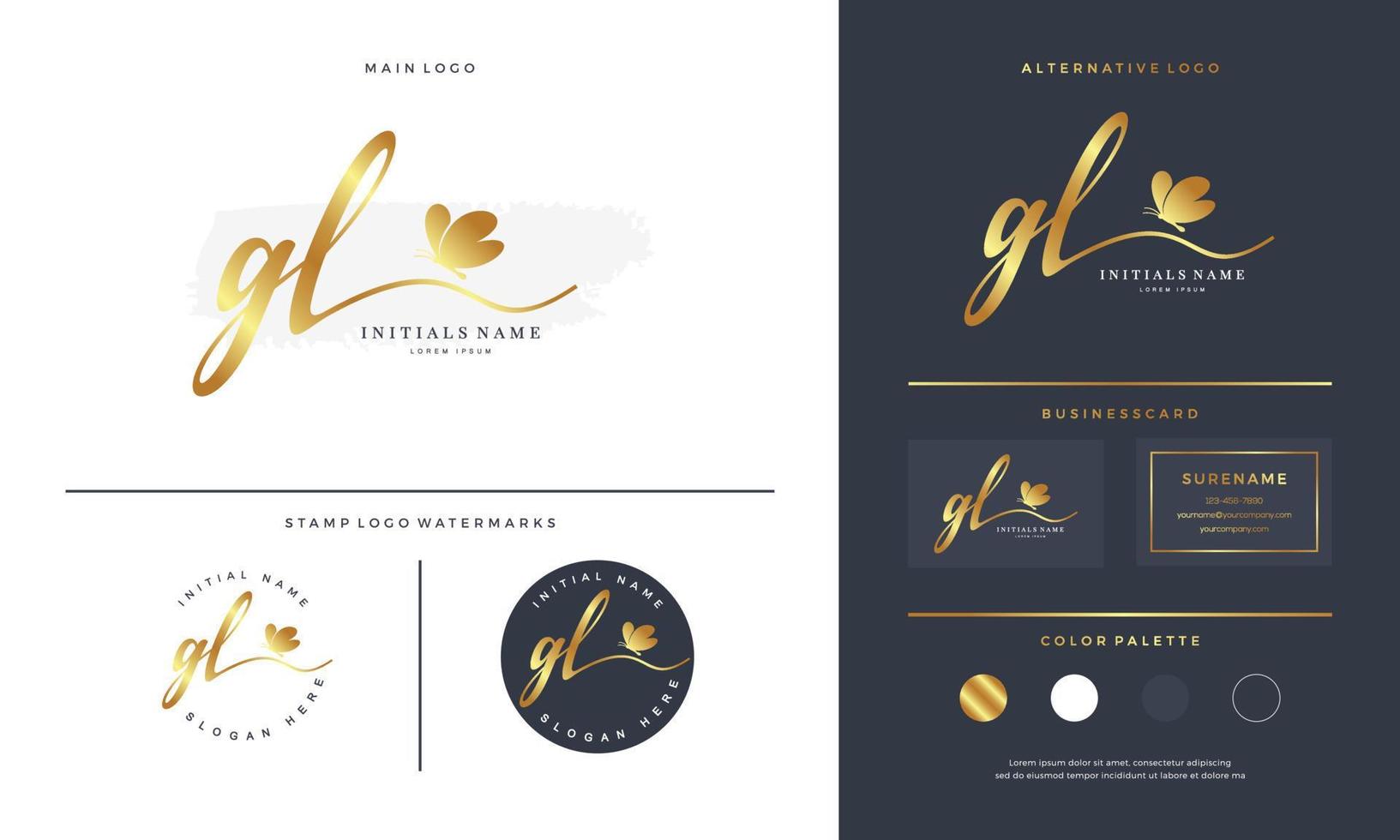 handschrift eerste van brief gl g l logo ontwerp met vlinder. vector