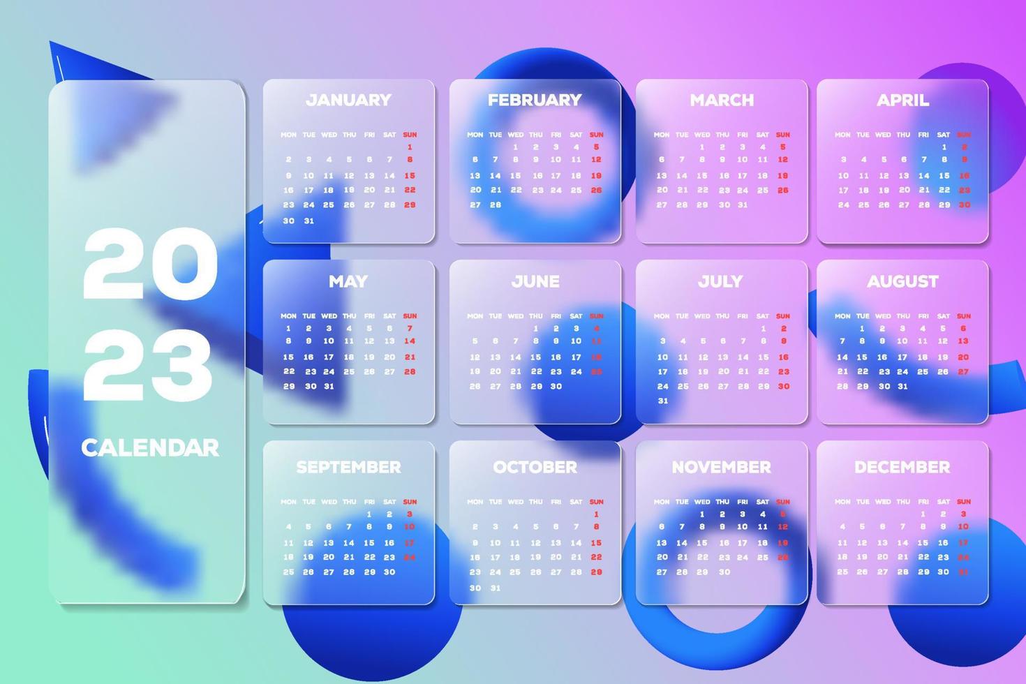 2023 nieuw jaar kalender sjabloon glas morfisme stijl vector
