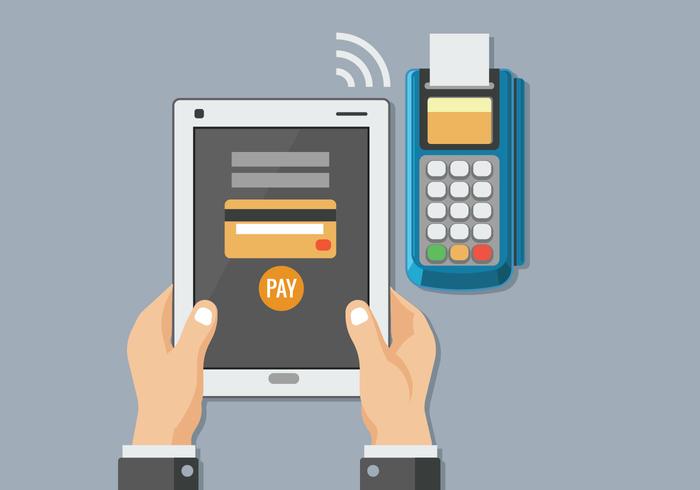 Man met de Tablet Mobile Payment met NFC-technologie vector