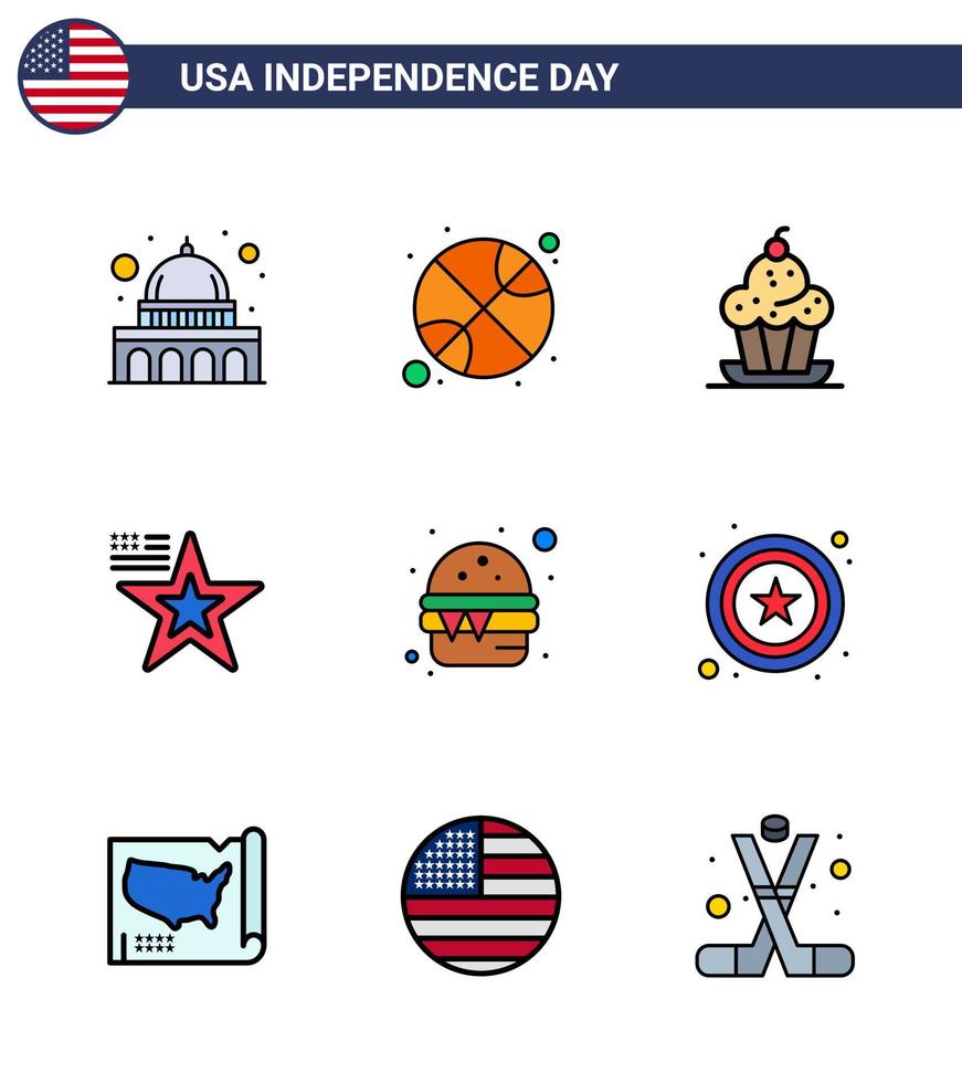 gelukkig onafhankelijkheid dag 4e juli reeks van 9 vlak gevulde lijnen Amerikaans pictogram van hamburger vlag taart Amerikaans dankzegging bewerkbare Verenigde Staten van Amerika dag vector ontwerp elementen