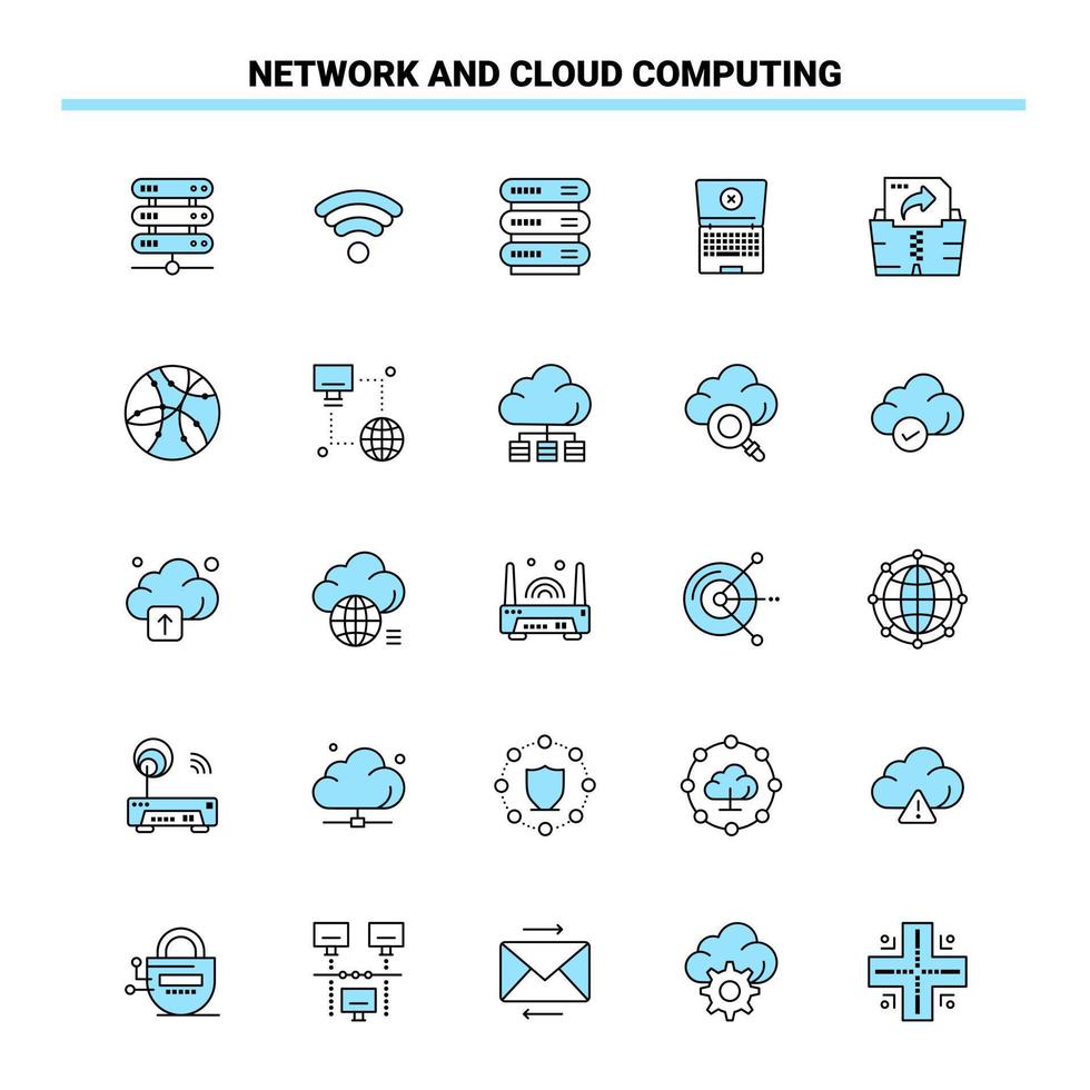 25 netwerk en wolk berekenen zwart en blauw icoon reeks creatief icoon ontwerp en logo sjabloon creatief zwart icoon vector achtergrond