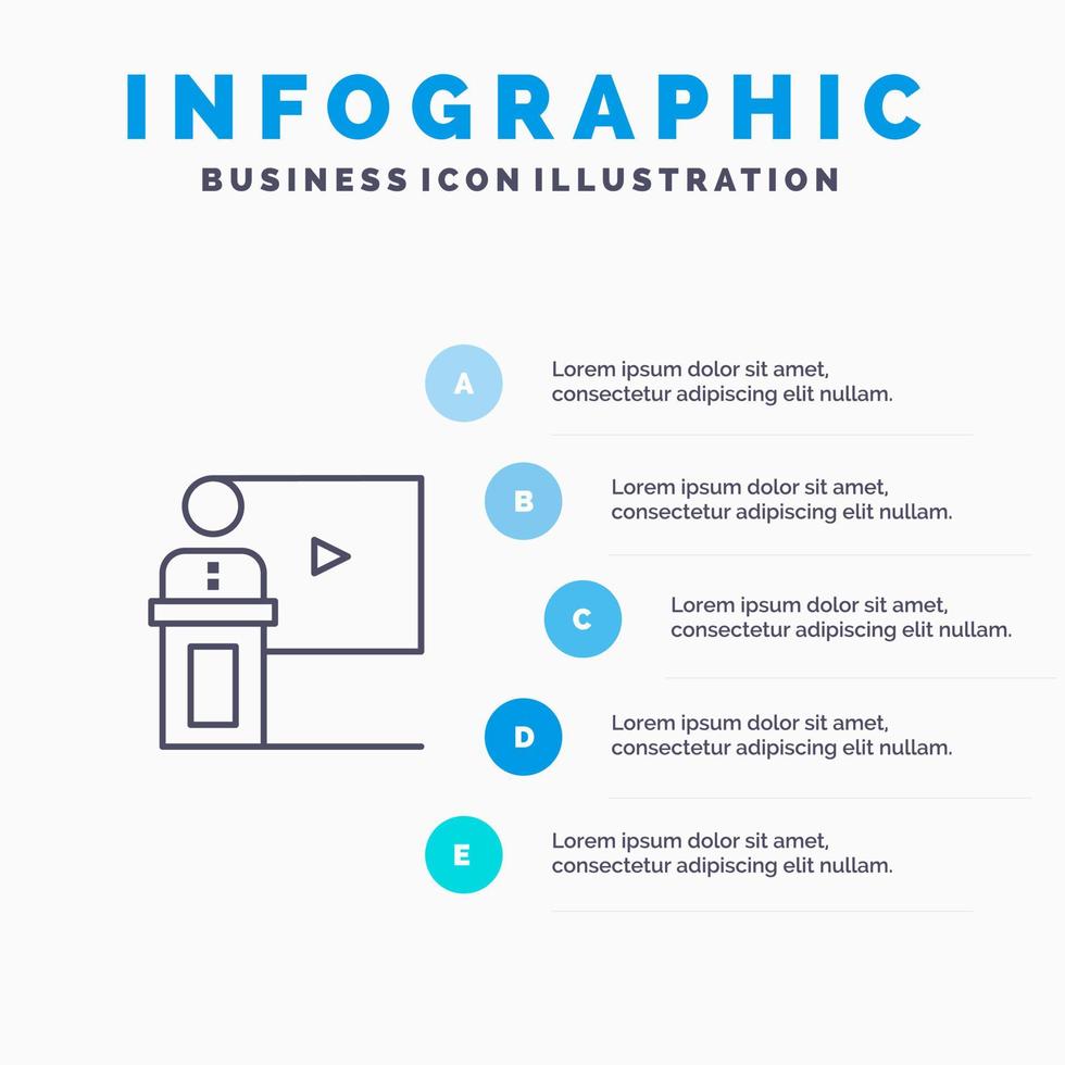 conferentie bedrijf evenement presentatie kamer spreker toespraak lijn icoon met 5 stappen presentatie infographics achtergrond vector