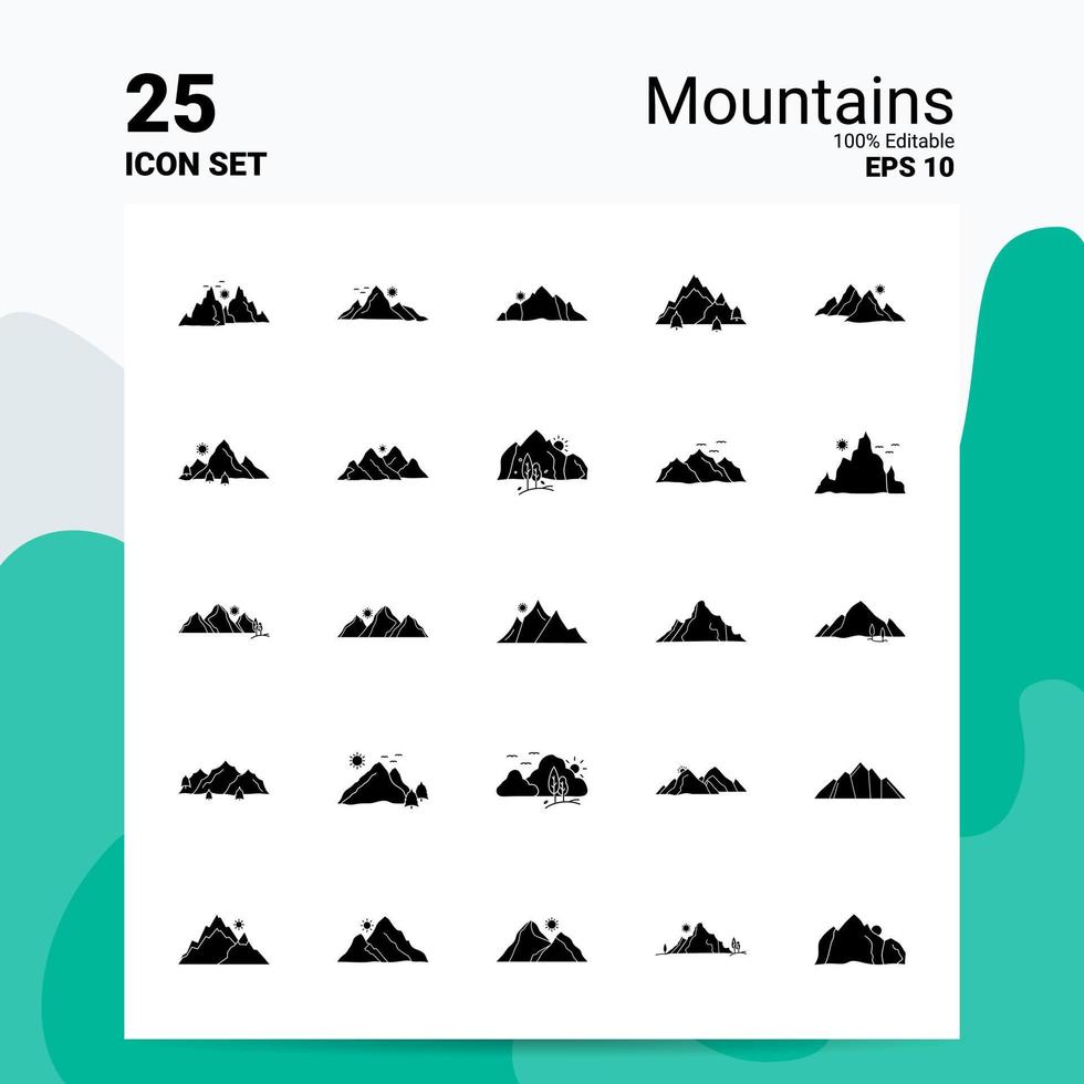25 bergen icoon reeks 100 bewerkbare eps 10 bestanden bedrijf logo concept ideeën solide glyph icoon ontwerp vector