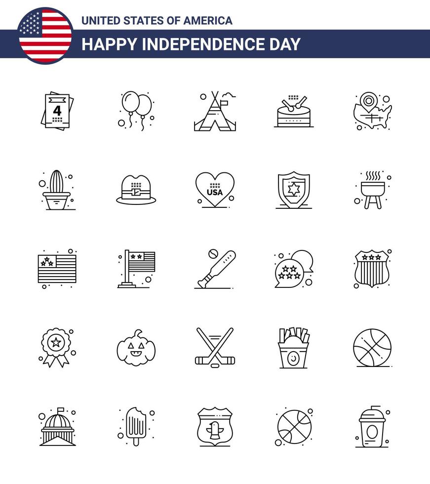 lijn pak van 25 Verenigde Staten van Amerika onafhankelijkheid dag symbolen van Verenigde Staten van Amerika kaart tent optocht instrument bewerkbare Verenigde Staten van Amerika dag vector ontwerp elementen