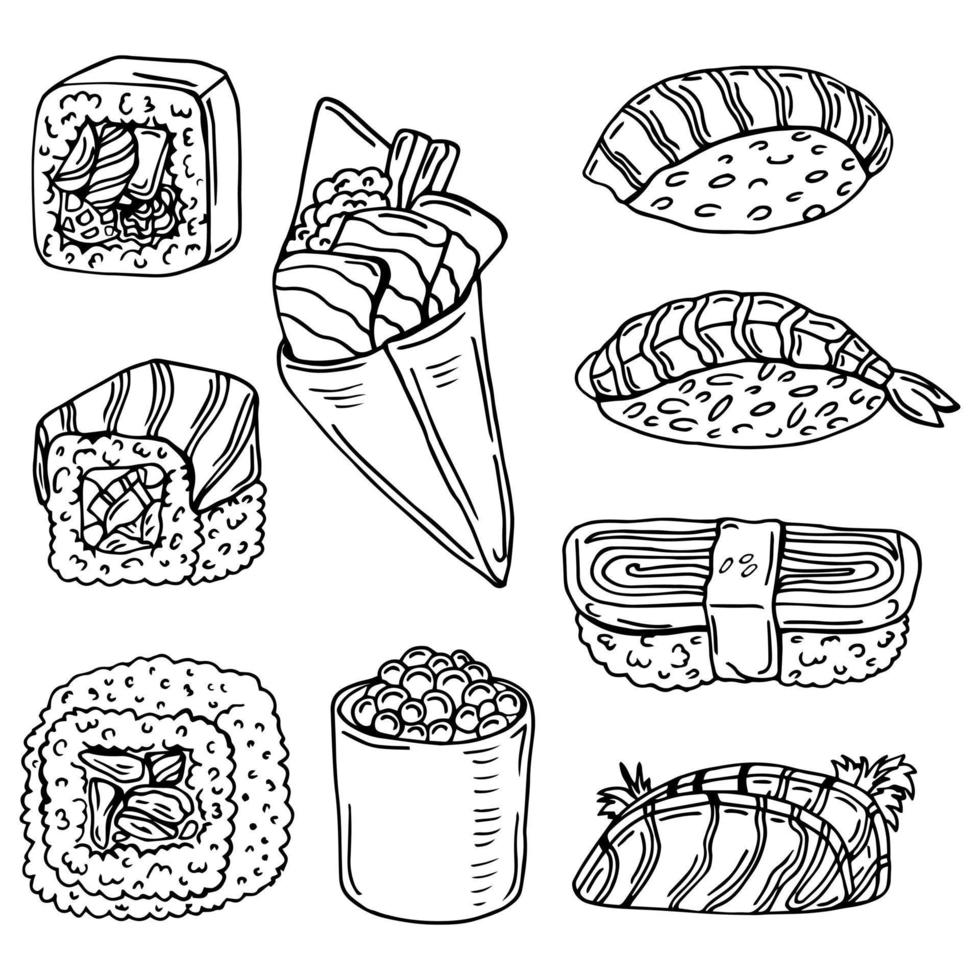 sushi set. zwart en wit illustratie. vector clip art