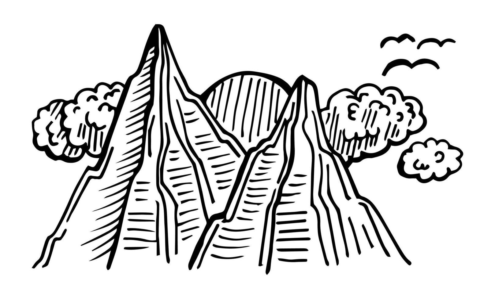 berg vector illustratie, landschap volwassen silhouet element buitenshuis icoon sneeuw ijs tops en decoratief geïsoleerd camping reizen beklimming of hiking.