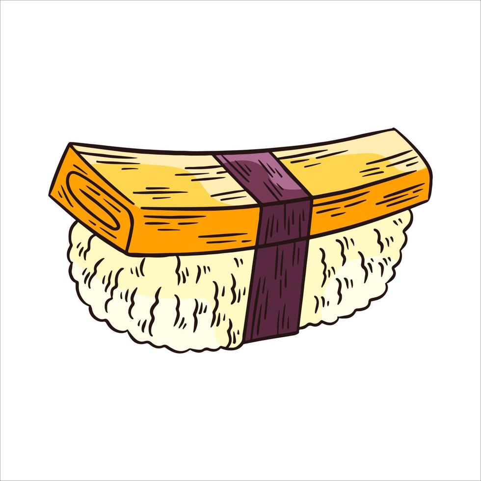 Tamago sushi of ei rollen Aan rijst- hand- getrokken illustratie vector