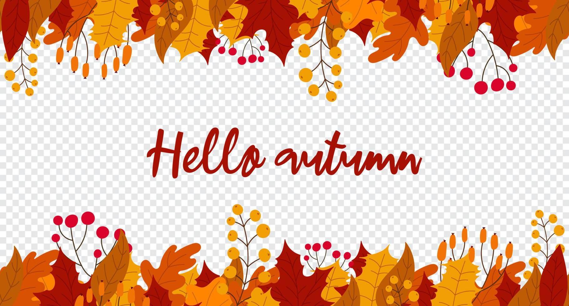 Hallo herfst belettering ansichtkaart. achtergrond met bladeren en bessen in de val. Hallo herfst naadloos banier met oranje en rood bladeren. vector illustratie