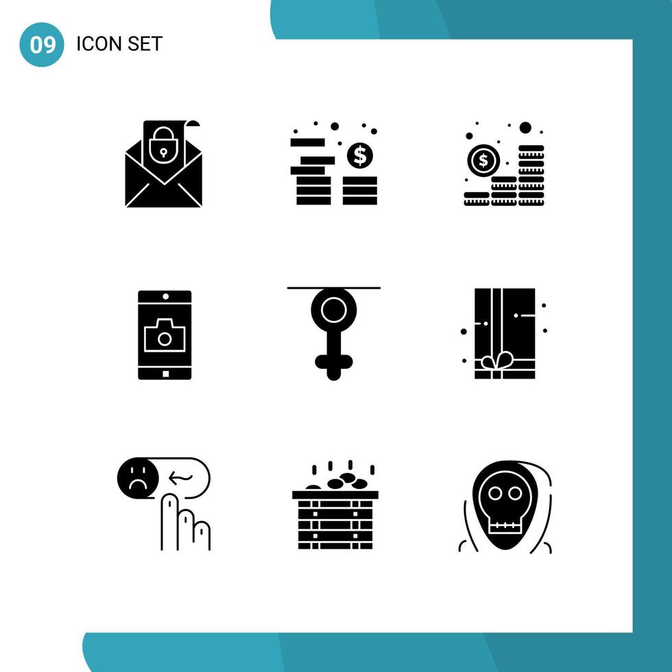 reeks van 9 modern ui pictogrammen symbolen tekens voor geslacht camera begroting mobiel toepassing toepassing bewerkbare vector ontwerp elementen