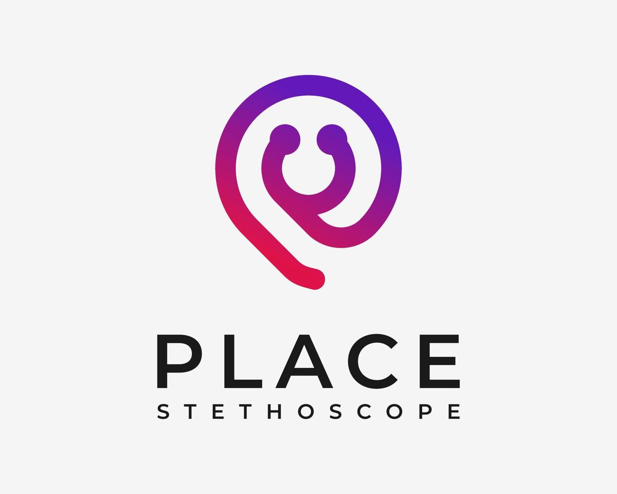stethoscoop verpleegster dokter medisch uitrusting pin kaart plaats plaats gemakkelijk lijn vector logo ontwerp