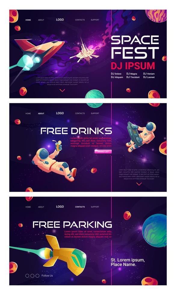 ruimte dj fest banners met astronaut en ruimteschip vector