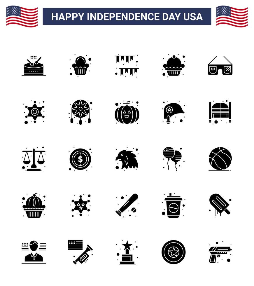 25 solide glyph tekens voor Verenigde Staten van Amerika onafhankelijkheid dag bril muffin Amerikaans dag toetje partij bewerkbare Verenigde Staten van Amerika dag vector ontwerp elementen