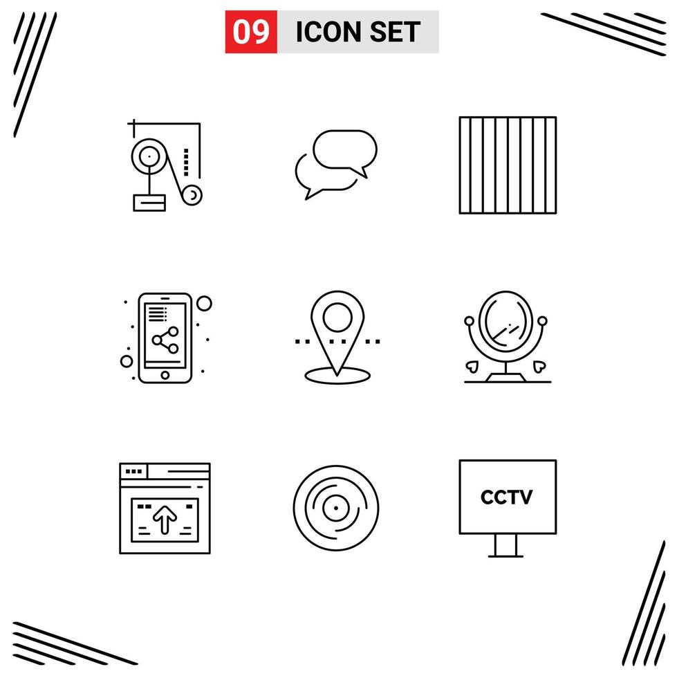 schets pak van 9 universeel symbolen van spiegel pin voedsel plaats delen document bewerkbare vector ontwerp elementen