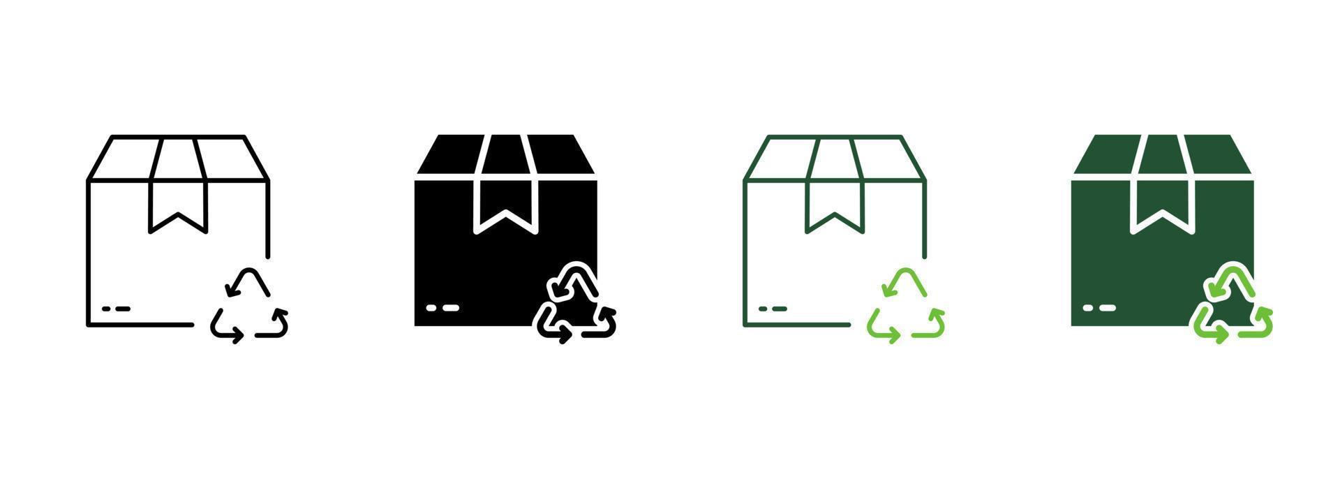 recycle doos pakket silhouet en lijn icoon. herbruikbaar biologisch karton pakket pictogram. driehoek pijl recycling ecologisch duurzame pak symbool. bewerkbare hartinfarct. geïsoleerd vector illustratie.