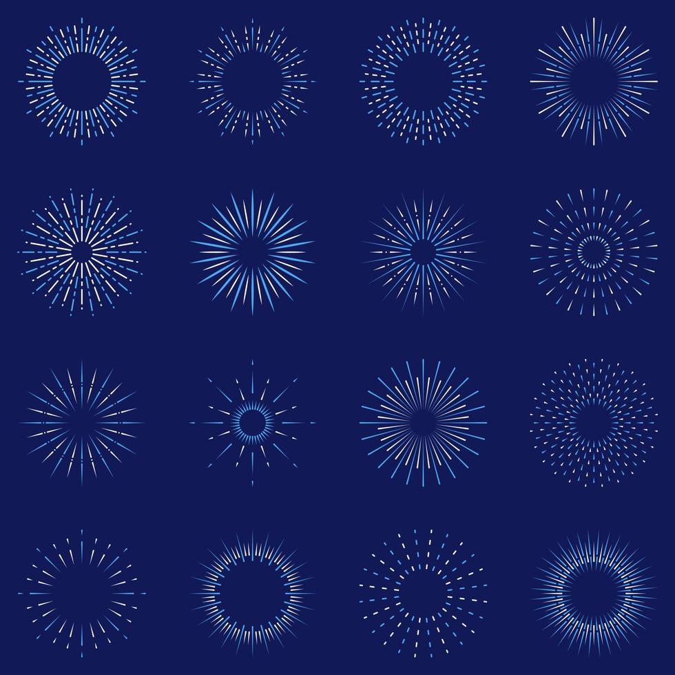 vuurwerk lijn icoon set. lineair pictogram. cirkel vonk zonnestraal ster barsten schijnen schets icoon. starburst licht explosie. vieren gelukkig verjaardag, vrolijk Kerstmis feest. geïsoleerd vector illustratie.