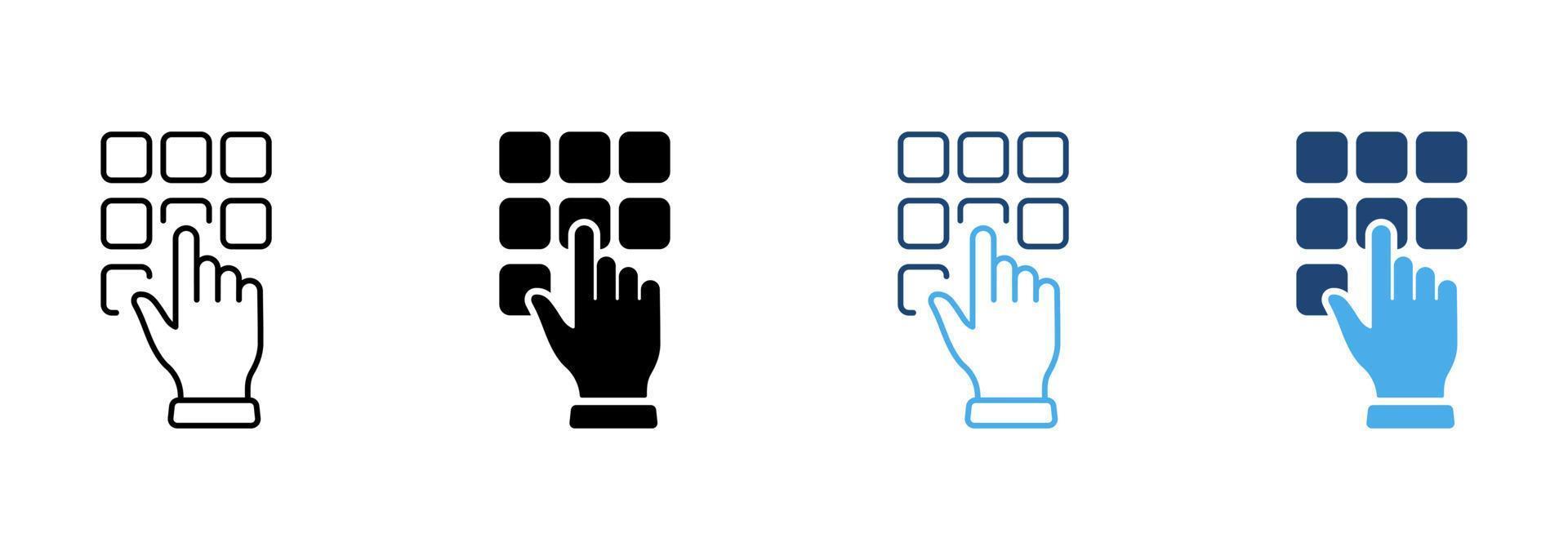 invoeren pin code Aan keypad lijn en silhouet icoon set. hand- binnengaan wachtwoord Aan telefoon wijzerplaat toetsenbord pictogram. Geldautomaat toegang combinatie vlak symbool Aan wit achtergrond. geïsoleerd vector illustratie.