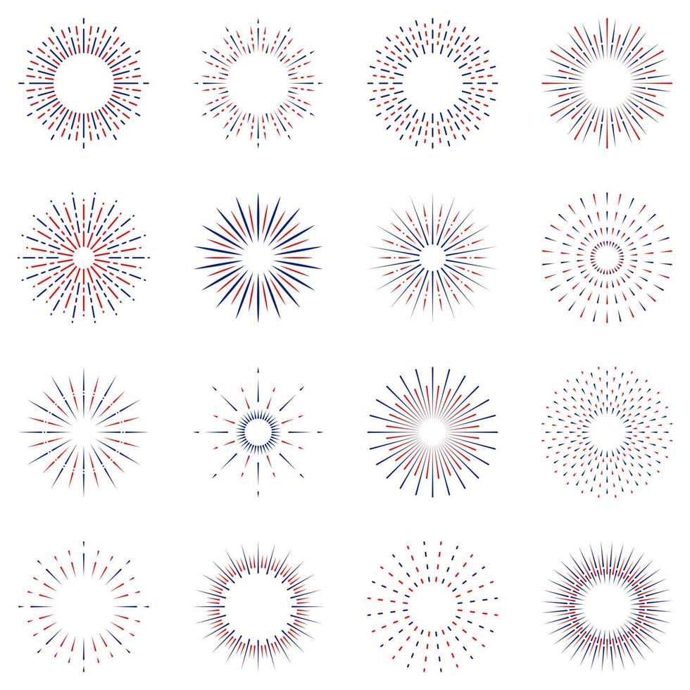 vuurwerk lijn icoon set. lineair pictogram. cirkel vonk zonnestraal ster barsten schijnen schets icoon. starburst licht explosie. vieren gelukkig verjaardag, vrolijk Kerstmis feest. geïsoleerd vector illustratie.