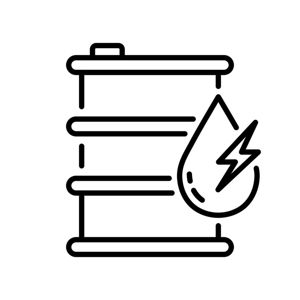 vat voor olie trommel lijn icoon. metaal gas- tank industrie houder met diesel lineair pictogram. benzine energie gallon met laten vallen en bliksem schets icoon. bewerkbare hartinfarct. geïsoleerd vector illustratie.